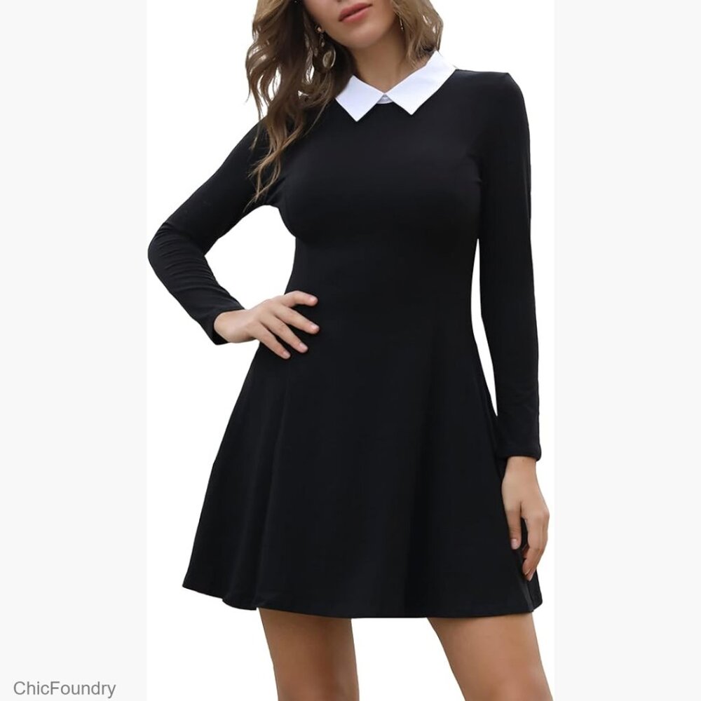 Long Sleeve A-Line Skater Dress Peter Pan Collar Casual Fit Flare